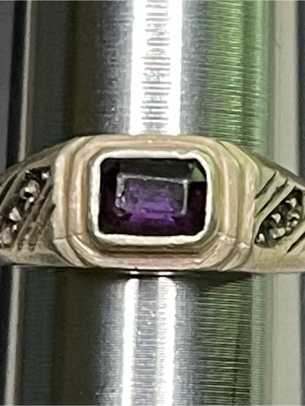 Sterling Silver Ring with Rectangular Purple Amethyst Gemstone